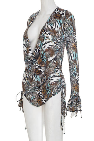 Animal Print Cowl Neck Shorts Set