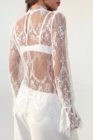Lace Sheer Bell Sleeve Mock Neck Blouse
