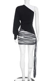 One-Shoulder Long Sleeve Striped Mini Dress