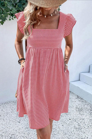 Gingham Flutter-Sleeve Casual Dress