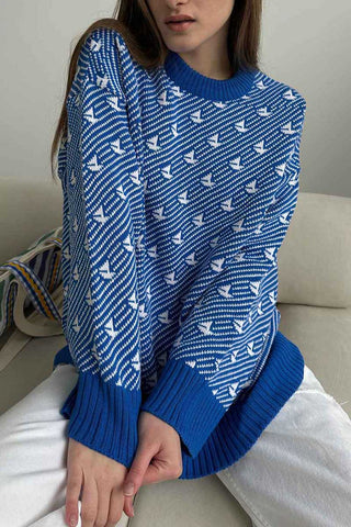 Bird Motif Crew Neck Knit Sweater