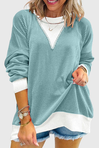 Textured V-Neck Color Block Sweatshirt