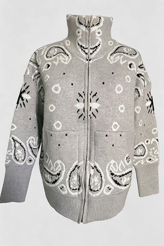 Paisley Knit Zip-Up Cardigan