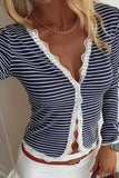 Striped Lace Trim V-Neck Blouse