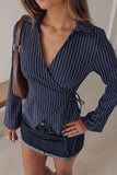 Striped Wrap V-Neck Tie Waist Blouse