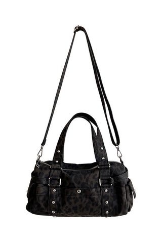 Leopard Print Studded Multi-Pocket Tote Bag