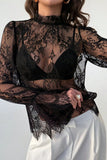 Sheer Floral Lace Mock Neck Bell Sleeve Blouse