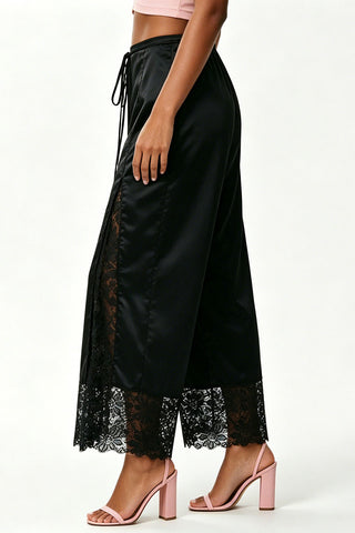Lace Insert Drawstring Wide-Leg Casual Pants