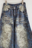 Distressed Patterned Wide-Leg Baggy Jeans