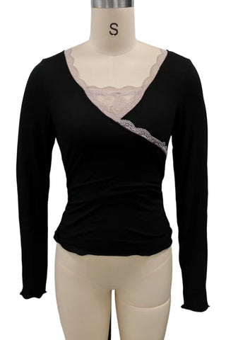 Lace Trim V-Neck Long Sleeve Top