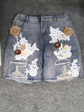 Floral Lace Embellished Denim Shorts