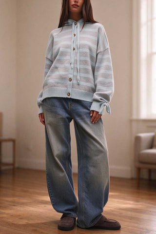 Striped Hooded Button-Front Knit Cardigan