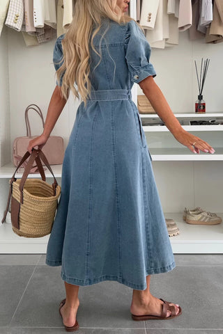 Belted Button-Front Denim Dress