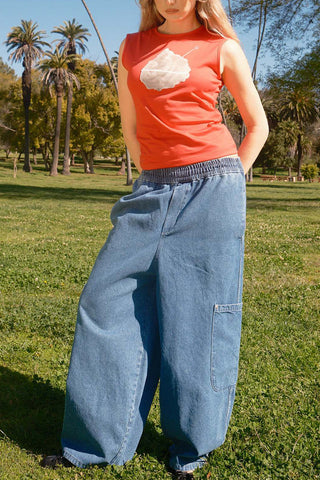 Elastic Waist Wide-Leg Jeans