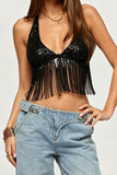 Sequin Halter Fringe Crop Tank
