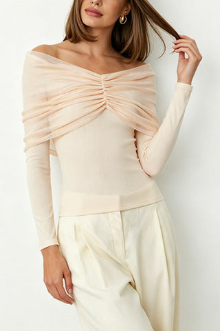 Sheer Ruched Off-Shoulder Long Sleeve Blouse