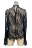 Lace Sheer Bell Sleeve Mock Neck Blouse