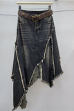 Asymmetric Frayed Hem Denim Midi Skirt