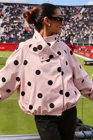 Polka Dot Stand Collar Zip-Up Jacket