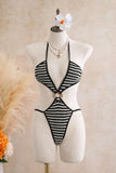 Striped Ring Cutout Halter Swimsuit