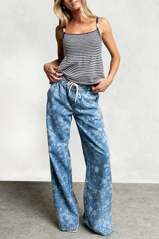 Floral Print Drawstring Wide-Leg Baggy Jeans