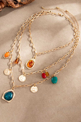 Multi-Layer Chain Link Gemstone Pendant Necklace