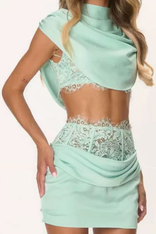 Cowl Neck Draped Crop Top Set