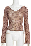 Sheer Leopard Print V-Neck Long Sleeve Top