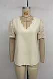 Scalloped V-Neck Lace Sleeve Blouse