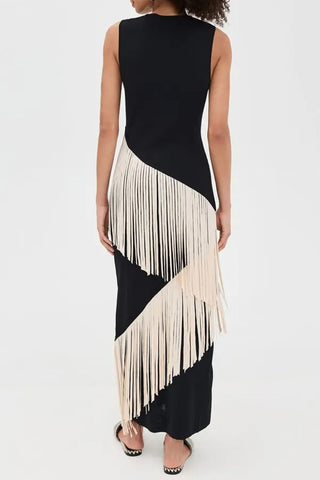 Fringe Asymmetric Sleeveless Midi Dress