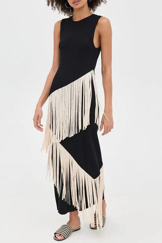 Fringe Asymmetric Sleeveless Midi Dress