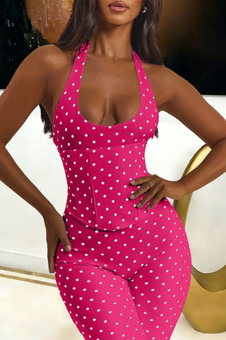 Polka Dot Halter Lace-Up Back Jumpsuit