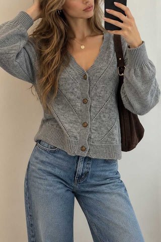 V-Neck Pointelle Knit Button-Front Cardigan
