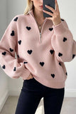 Heart Print Half-Zip Knit Sweater