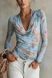 Sheer Floral Ruched Cowl Neck Top
