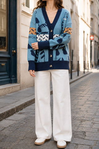 Cat Print V-Neck Cardigan