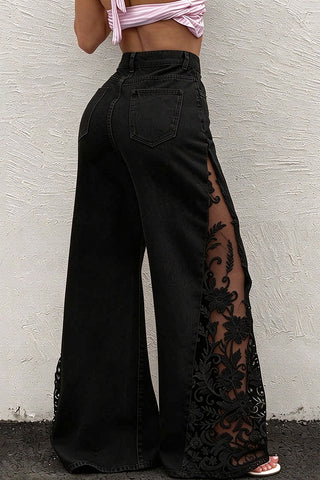 Sheer Lace Side Panel Baggy Jeans