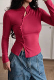 Mock Neck Keyhole Button-Front Blouse