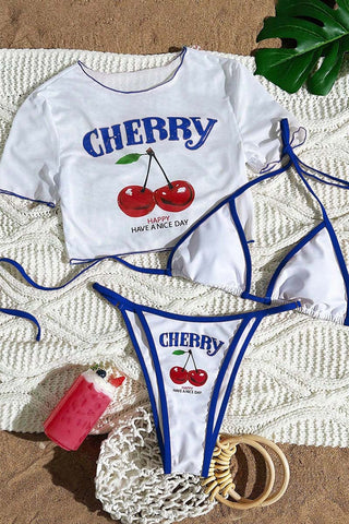 Cherry-Print Bikini Set with Cover-Up