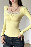 Long Sleeve Lace Trim Button-Up Blouse