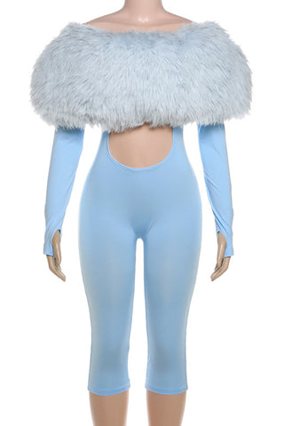 Off-Shoulder Faux Fur Accent Jumpsuit