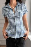 Button-Up Checkered Short Sleeve Top
