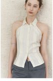 Pleated Button-Down Halter Top