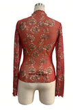 Sheer Floral Mock Neck Long Sleeve Blouse