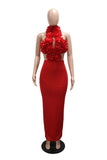 Floral Applique Halter Cutout Maxi Evening Dress
