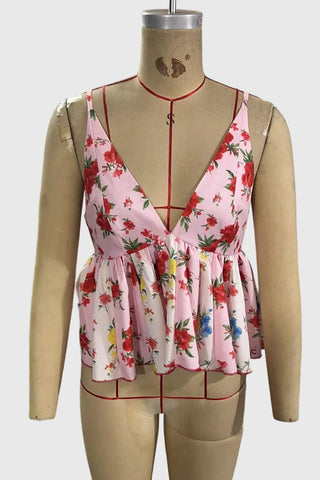 Floral V-Neck Ruffle Hem Tank