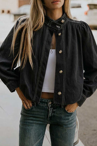 Stand-Collar Button-Front Denim Jacket