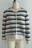 Striped Button Detail Crew Neck Knit Cardigan
