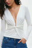 Deep V-Neck Ruched Front Long Sleeve Blouse