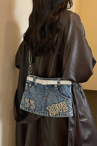 Rhinestone Belted Denim Tote Bag